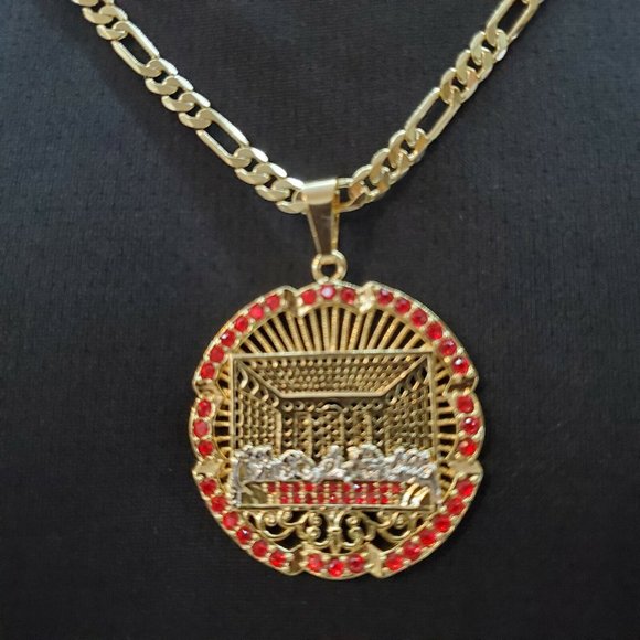 Mens 14k Gold Plated Last Supper Pendant 24" Figaro Chain. La Ultima Cena. - Picture 1 of 3